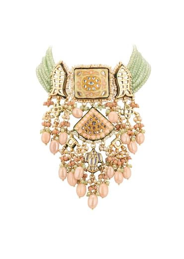Gold-Finish Bridal Kundan Chokar Necklace Set With Beads And Multicolor Meenakari In Mix Metal