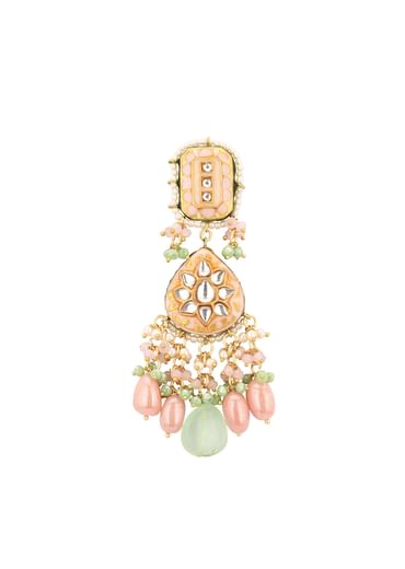 Gold-Finish Green-Stone Kundan Choker Necklace Set With Colourful Meenakari Work In Mix Metal