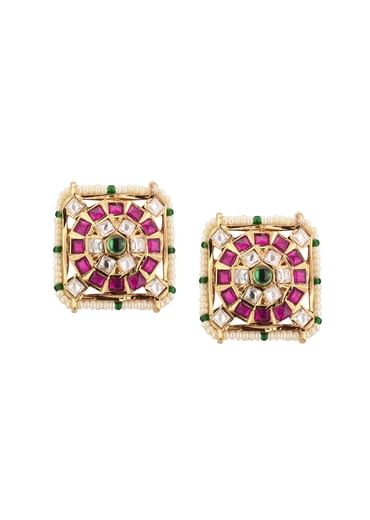 Gold-Finish Jadau Kundan Choker Set With Red-Green Stones And Elegant Studs In Mix Metal