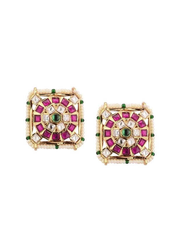 Gold-Finish Jadau Kundan Choker Set With Red-Green Stones And Elegant Studs In Mix Metal