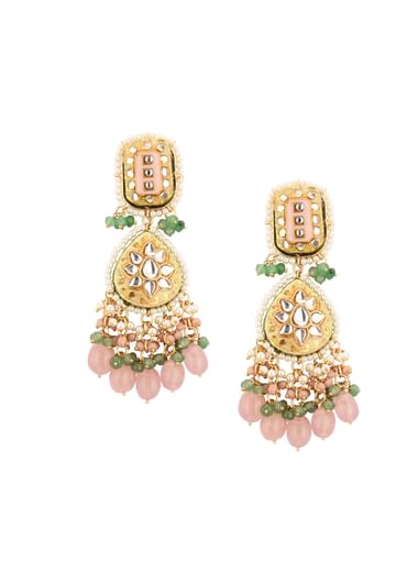 Gold-Finish Kundan Dangler Earrings With Multicolor Meenakari Work And Drop-Stones In Mix Metal