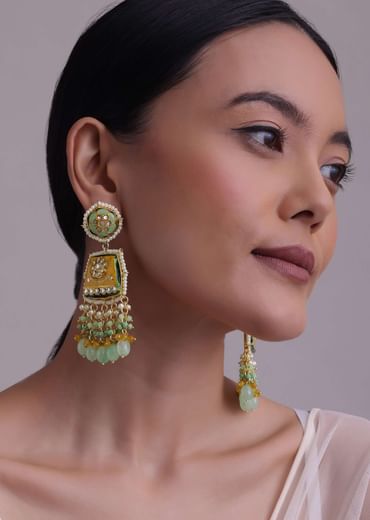 Gold-Finish Kundan Dangler Earrings With Colourful Meenakari Work And Stones In Mix Metal
