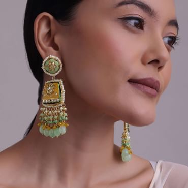 Gold-Finish Kundan Dangler Earrings With Colourful Meenakari Work And Stones In Mix Metal