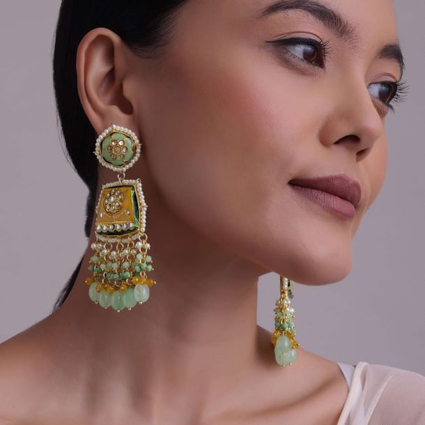 Gold-Finish Kundan Dangler Earrings With Colourful Meenakari Work And Stones In Mix Metal Gold-Finish Kundan Dangler Earrings With Colourful Meenakari Work And Stones In Mix Metal