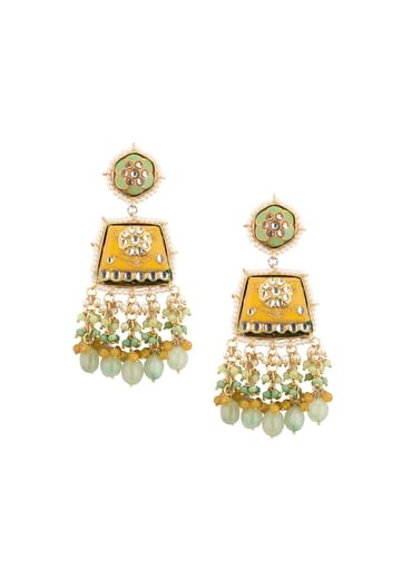 Gold-Finish Kundan Dangler Earrings With Colourful Meenakari Work And Stones In Mix Metal
