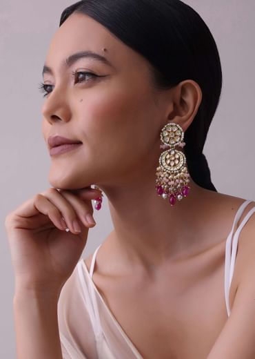 Gold-Finish Ruby Stone Kundan Necklace Set With Colourful Meenakari Work In Mix Metal