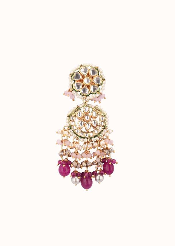 Gold-Finish Ruby Stone Kundan Necklace Set With Colourful Meenakari Work In Mix Metal