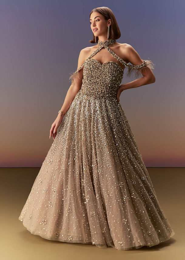 Gold Halter Neck Gown With Cut Out Back And Embellished Bodice Gold Halter Neck Gown With Cut Out Back And Embellished Bodice