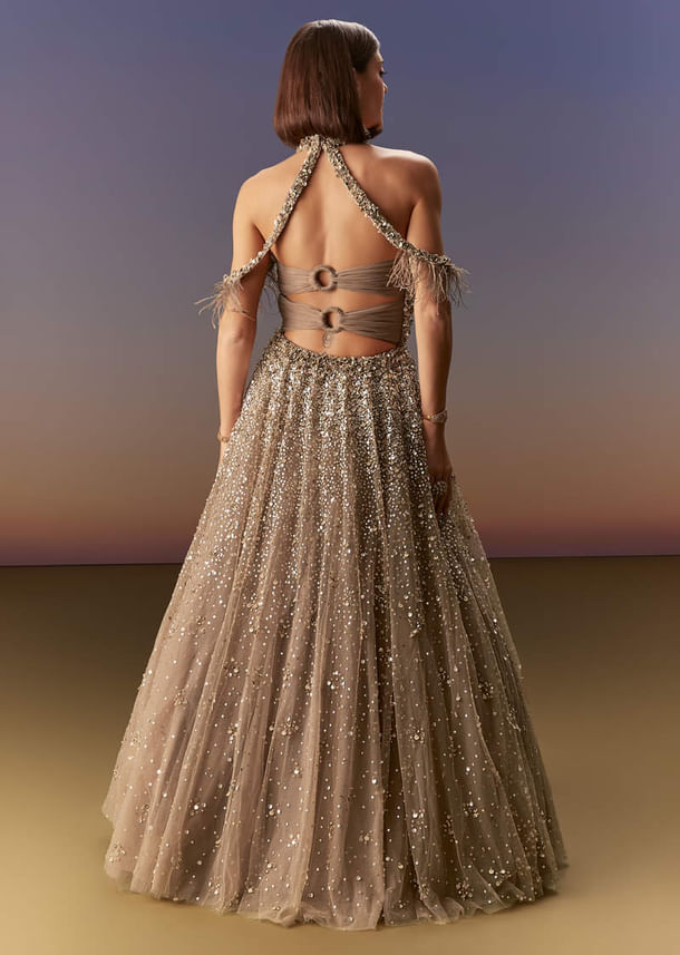 Gold Halter Neck Gown With Cut Out Back And Embellished Bodice Gold Halter Neck Gown With Cut Out Back And Embellished Bodice