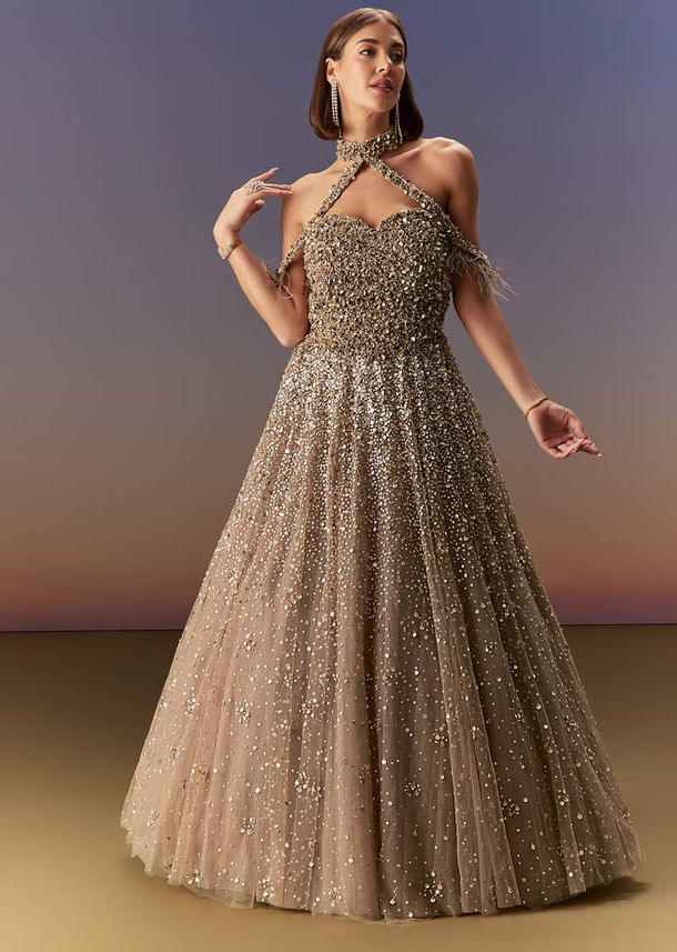 Gold Halter Neck Gown With Cut Out Back And Embellished Bodice Gold Halter Neck Gown With Cut Out Back And Embellished Bodice