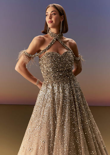 Gold Halter Neck Gown With Cut Out Back And Embellished Bodice
