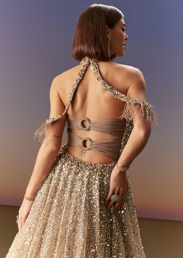 Gold Halter Neck Gown With Cut Out Back And Embellished Bodice Gold Halter Neck Gown With Cut Out Back And Embellished Bodice