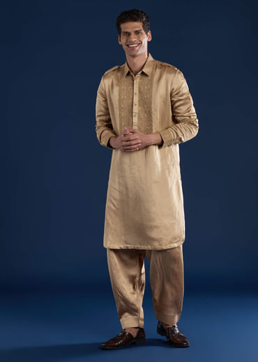 Gold Linen Satin Embroidered Mens Kurta and Pant Set