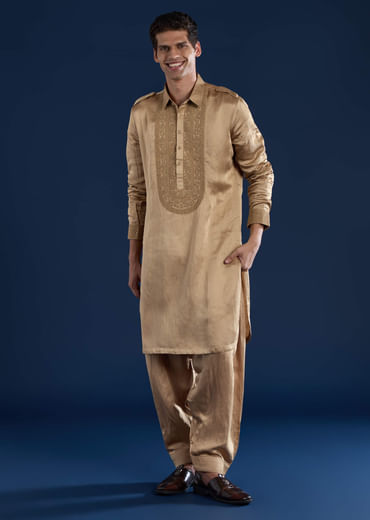Gold Linen Satin Embroidered Mens Kurta and Pant Set