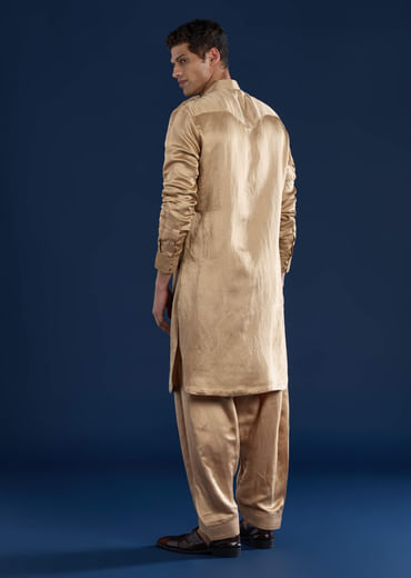 Gold Linen Satin Embroidered Mens Kurta and Pant Set
