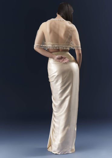 Gold Net Crop Top And Drape Skirt Set With Cutdana And Beads Work