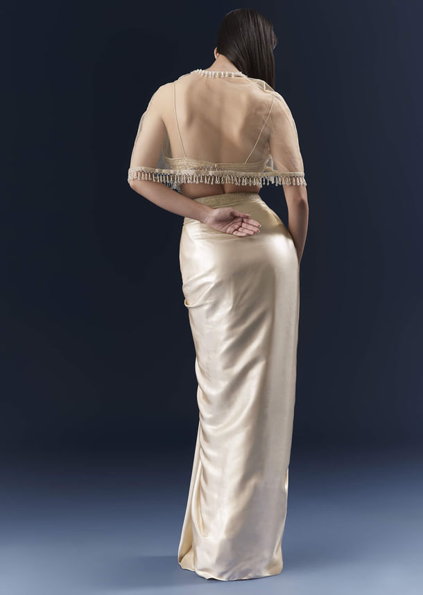 Gold Net Crop Top And Drape Skirt Set With Cutdana And Beads Work Gold Net Crop Top And Drape Skirt Set With Cutdana And Beads Work