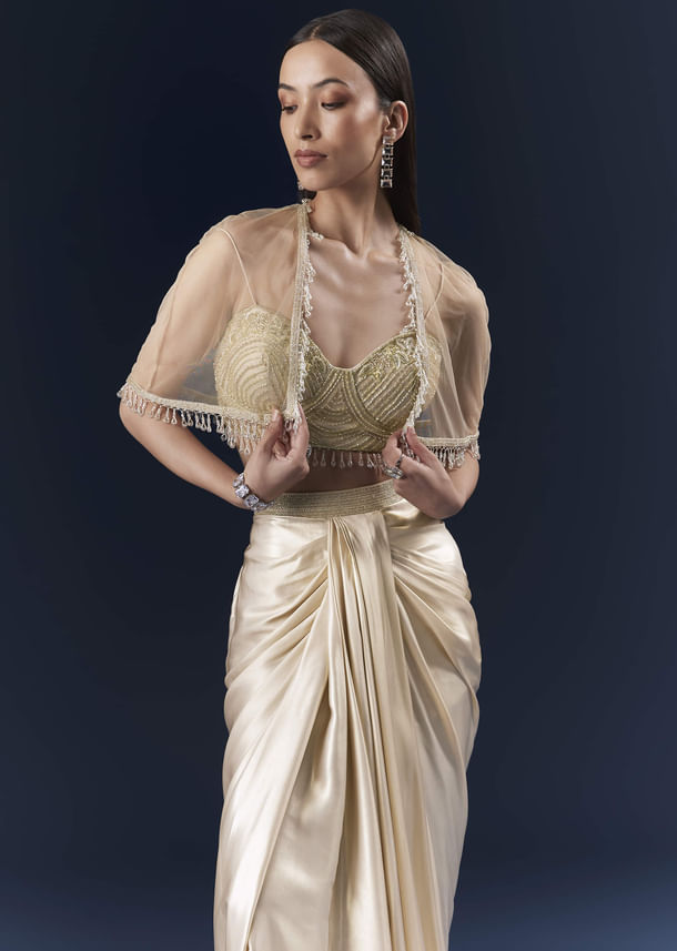 Gold Net Crop Top And Drape Skirt Set With Cutdana And Beads Work Gold Net Crop Top And Drape Skirt Set With Cutdana And Beads Work