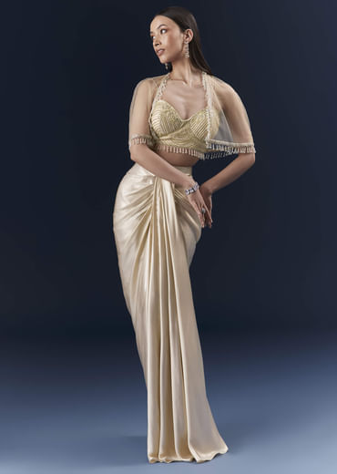 Gold Net Crop Top And Drape Skirt Set With Cutdana And Beads Work
