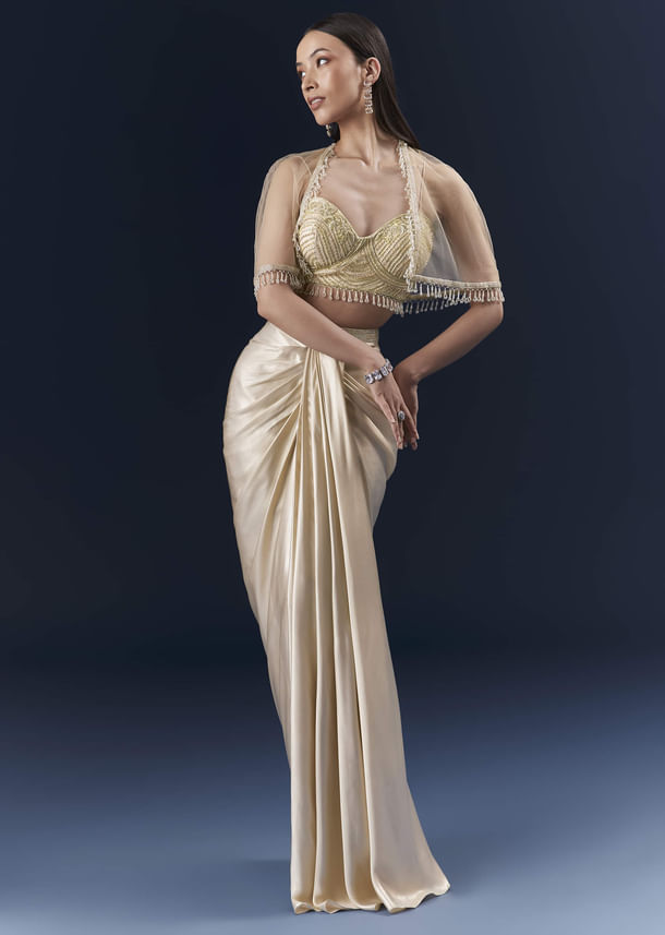 Gold Net Crop Top And Drape Skirt Set With Cutdana And Beads Work Gold Net Crop Top And Drape Skirt Set With Cutdana And Beads Work