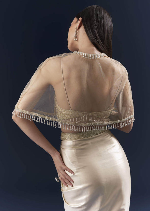 Gold Net Crop Top And Drape Skirt Set With Cutdana And Beads Work Gold Net Crop Top And Drape Skirt Set With Cutdana And Beads Work