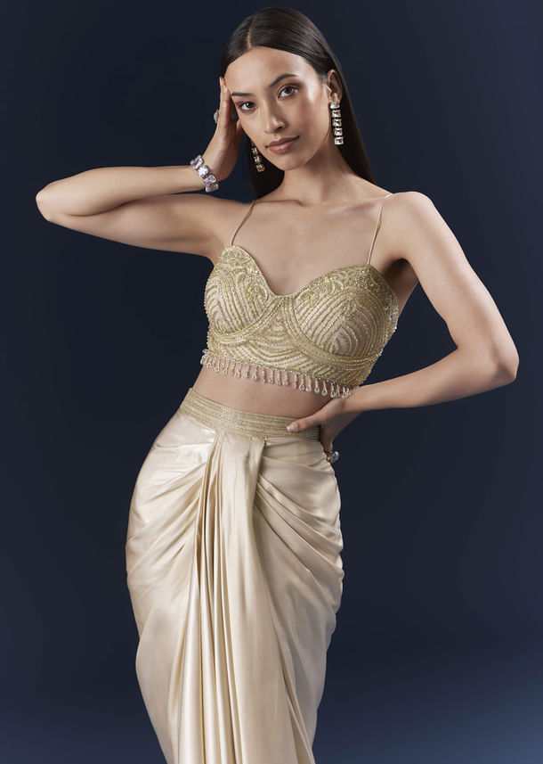 Gold Net Crop Top And Drape Skirt Set With Cutdana And Beads Work Gold Net Crop Top And Drape Skirt Set With Cutdana And Beads Work