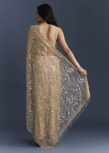 Gold Net Saree With Floral Sequins Work