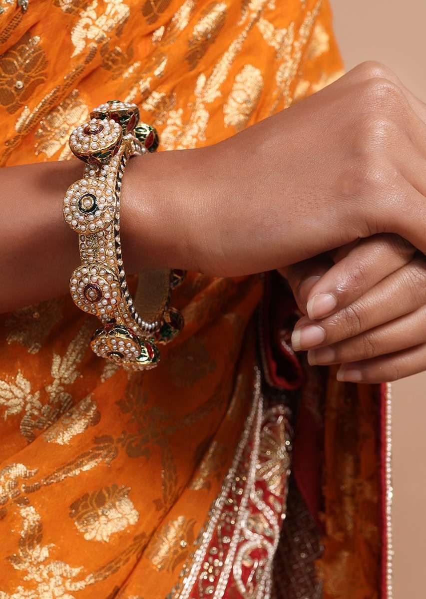Gold Plated Kada With 3D Design Embedded With Pearls And Multi Color Minakari