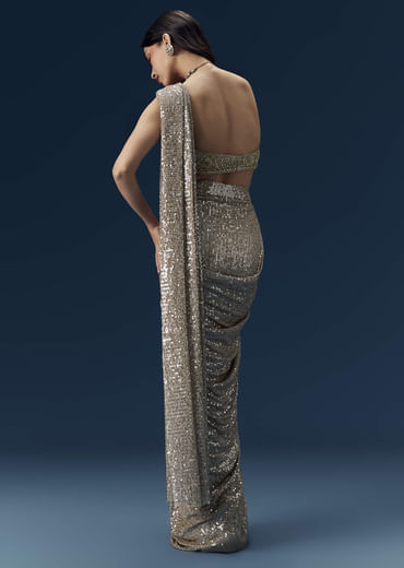 Gold Ready Pleated Sequin Net Saree with Blouse