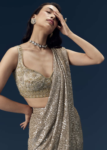 Gold Ready Pleated Sequin Net Saree with Blouse