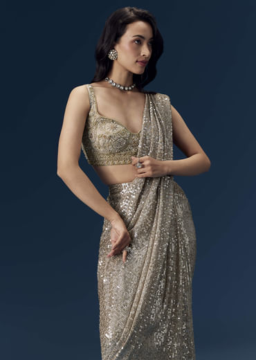 Gold Ready Pleated Sequin Net Saree with Blouse
