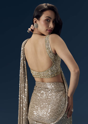 Gold Ready Pleated Sequin Net Saree with Blouse