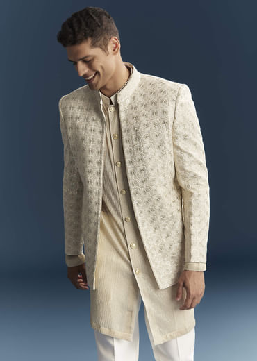 Gold Silk Kurta Jacket Set For Men With Embellishments