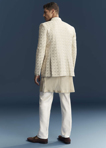 Gold Silk Kurta Jacket Set For Men With Embellishments