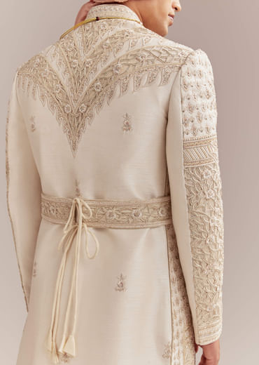 Gold Silk Sherwani For Groom With Heavy Hand Embroidery