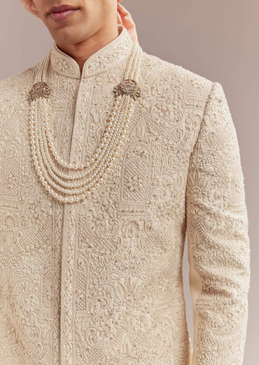 Gold Silk Sherwani For Groom With Heavy Hand Work