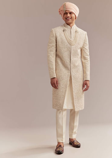 Gold Silk Sherwani For Groom With Heavy Hand Work
