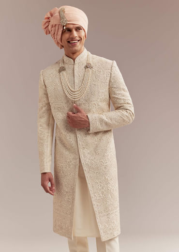 Gold Silk Sherwani For Groom With Heavy Hand Work