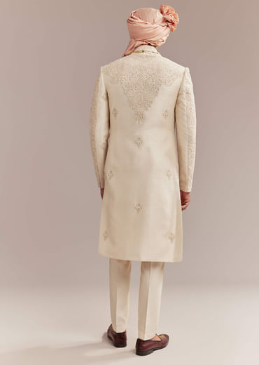 Gold Silk Sherwani For Groom With Heavy Hand Work