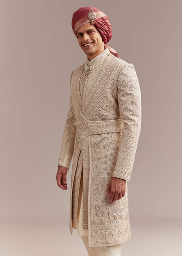 Gold Silk Sherwani For Groom With Intricate Hand Work