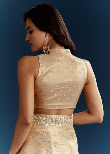 Gold Tissue Brocade Saree With Tassels And Gota Patti Moti Embroidery