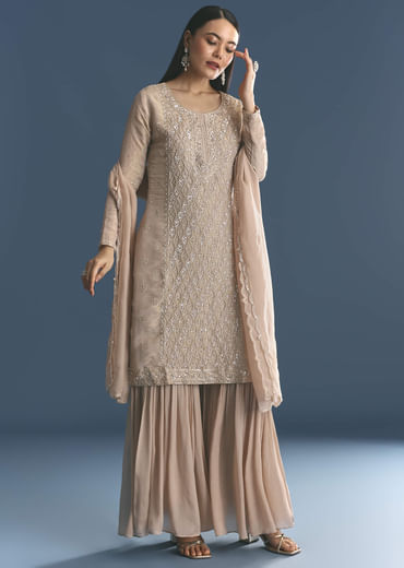 Gold Tissue Kurta Sharara Set With Beads And Sequins Work