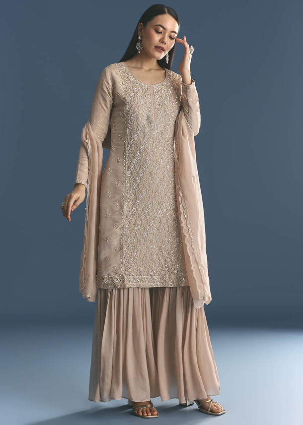 Gold Tissue Kurta Sharara Set With Beads And Sequins Work