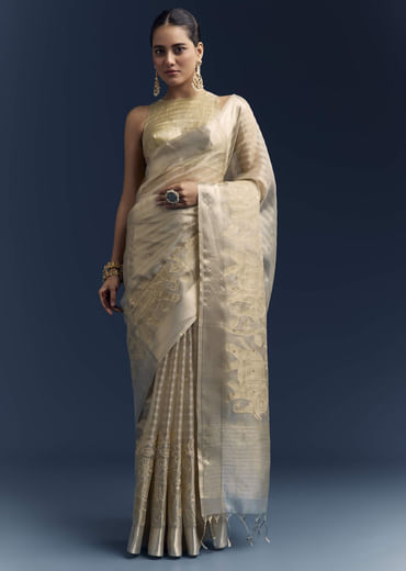 Gold Tissue Organza Saree With Zari And Resham Embroidery