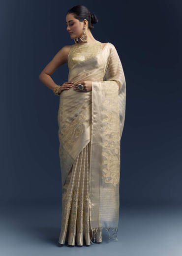 Gold Tissue Organza Saree With Zari And Resham Embroidery