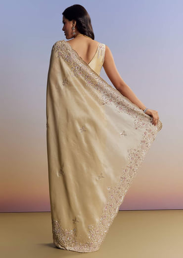 Gold Tissue Saree With Cut Dana Embroidery