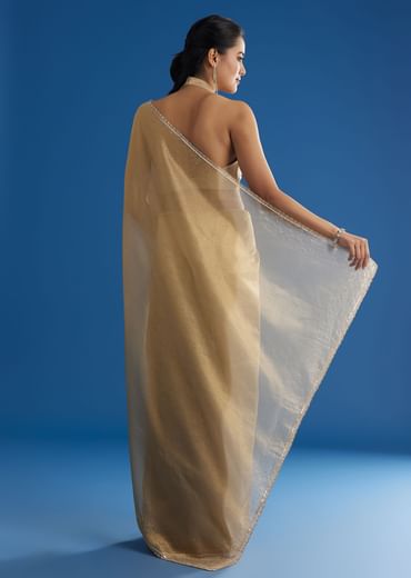 Gold Tissue Saree With Cutdana Sequins And Beads Embroidery