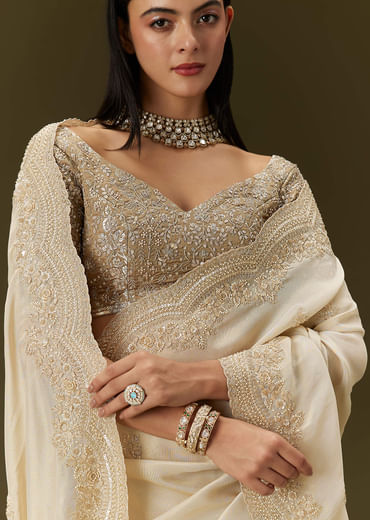 Gold Tissue Saree With Embroidered Brocade Blouse