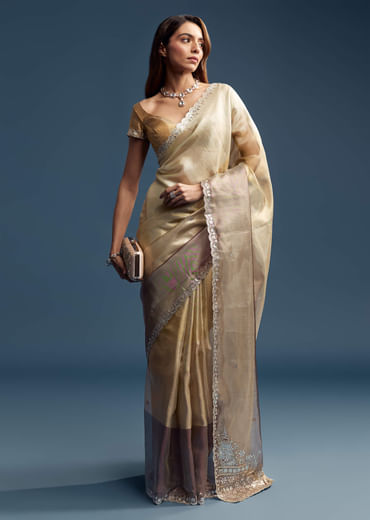 Gold Tissue Saree With Mirror Embroidery