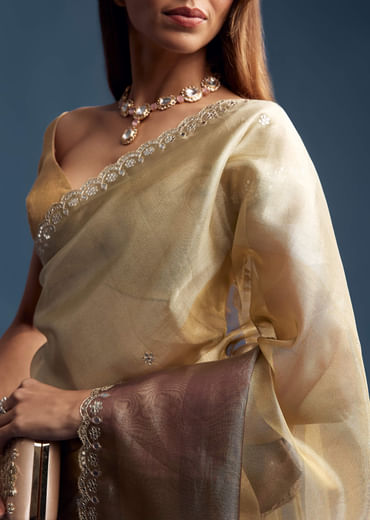 Gold Tissue Saree With Mirror Embroidery